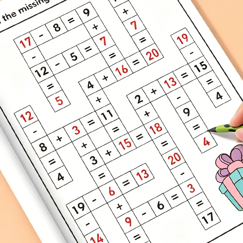 32-Page Math Crossword Puzzle Workbook: Math Addition and Subtraction Practice Book, Daily Arithmetic Exercises with Number Descriptions and Coloring Features, Fun Educational Learning Tool with Pencil Illustrations.