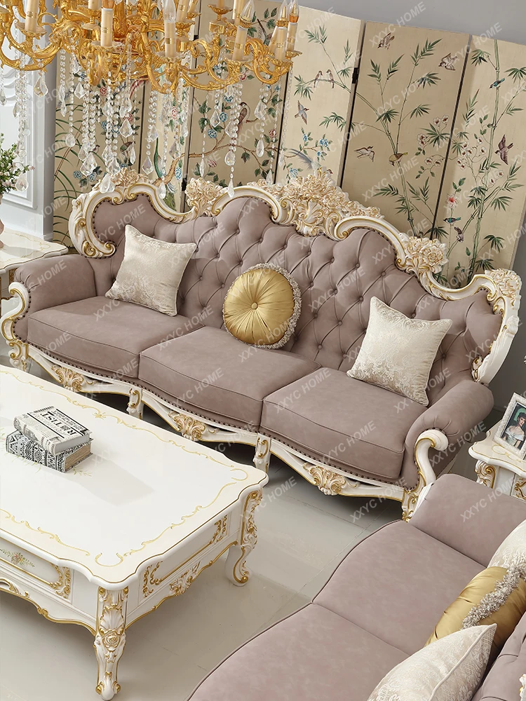 

Palace Style Living Room Sofa Combination Solid Wood Carved Luxury European Furniture Cream Style Rococo P2