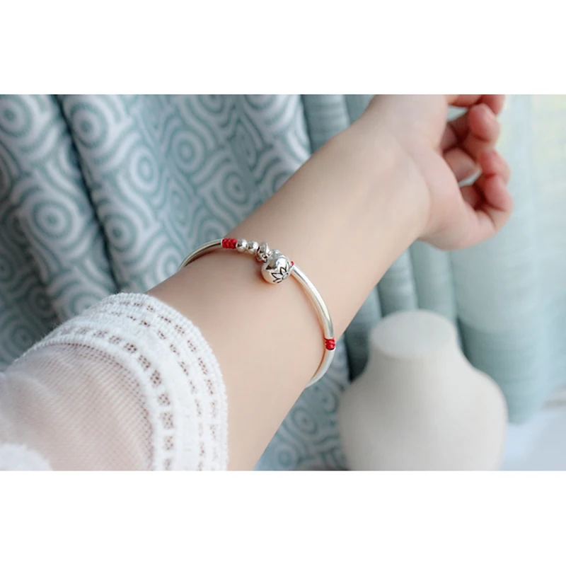 925 Sterling Silver Red Thread Bracelet For Women Handmade Bell Tube Rope Bracelet With Silver Beads Adjustable Lucky Cord
