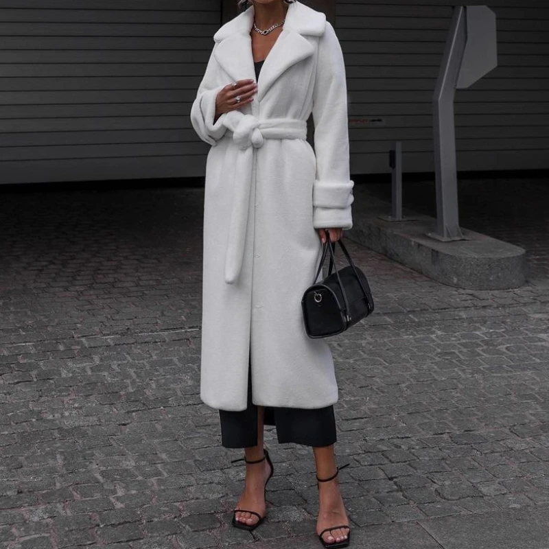 

Faux Rabbit Fur Coats Women Long Fur Jackets Solid Lace Up Turn Down Collar Long Sleeves Thick Loose Casual 2025 Autumn Winter