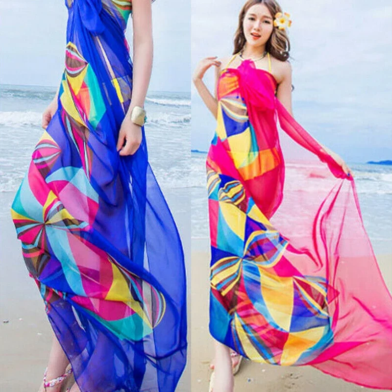 190 * 135cm Long Silk Scarves Summer Sunscreen Women Chiffon Beach Bikini Cover Up Wrap Scarf Swimwear Dress Beachwear