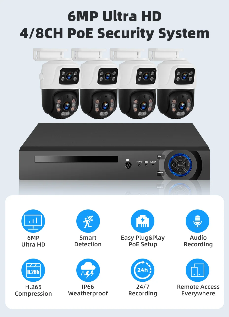 KERbiomomis-Système de caméra de surveillance étanche HD POE, kit de vidéosurveillance, objectif touristique, PTZ, Wi-Fi, IP, sécurité à domicile, 4CH, NVR, vidéo, HD, 6MP