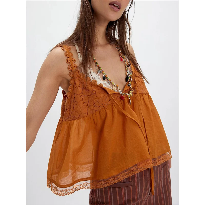 Women Lace Trim Tank Tops Y2k Tie Front Semi Sheer Crop Vest Cute Sleeveless Scoop Neck Flowy Shirt