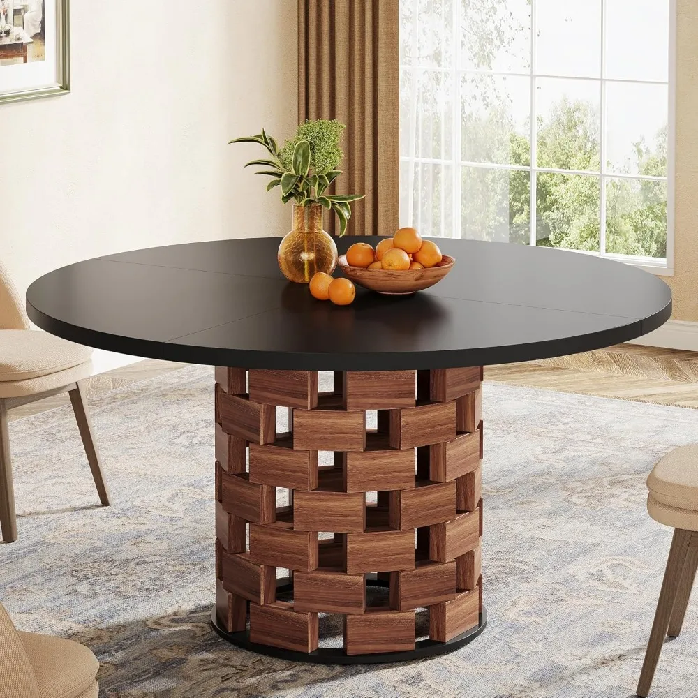 

Round Dining Table for 4-6 People, 47 Inch Dining Table Farmhouse Kitchen Table, Dining Room Table with Wood Rectangular Block