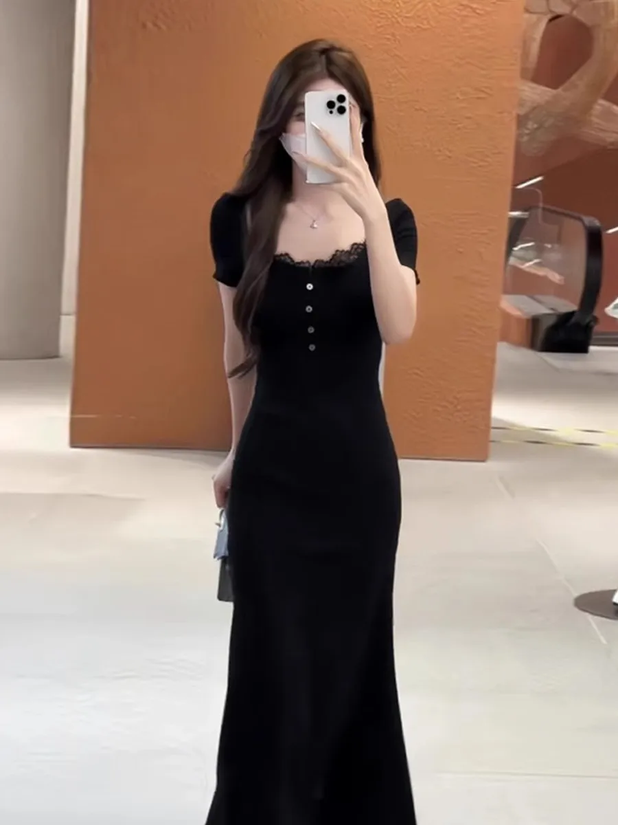 Renda retalhos pescoço quadrado vestido de manga curta elegante temperamento fino ajuste hip abraçando saia longa verão novas roupas femininas