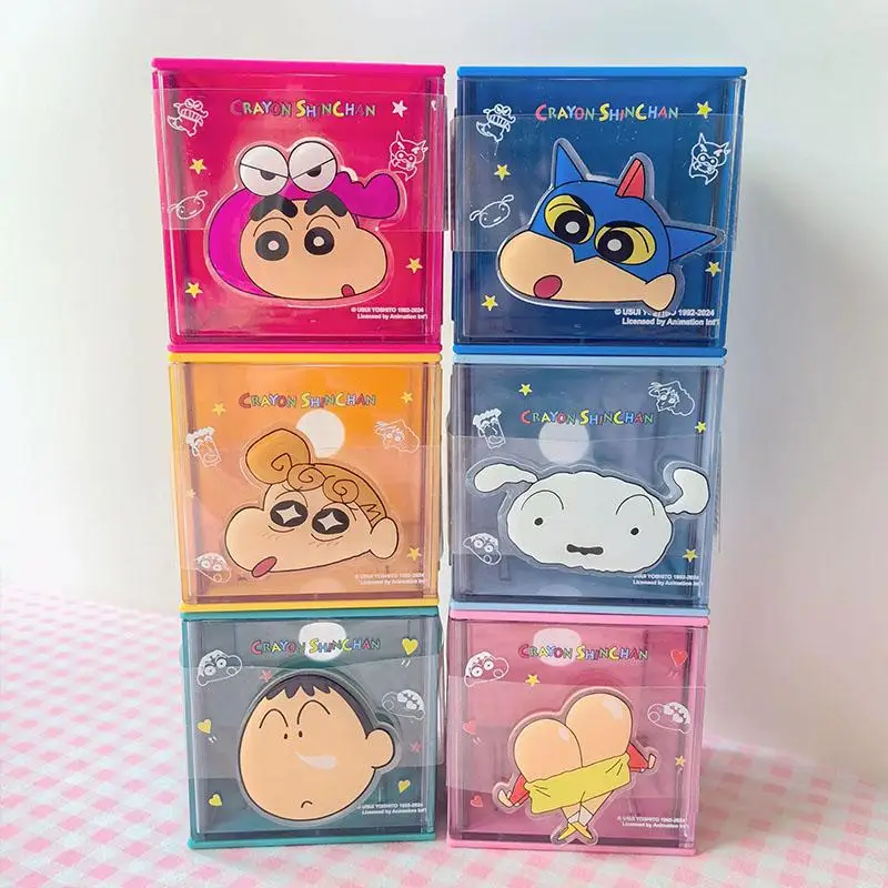 6PCS Kawaii Crayon Shin-chans Stackable Storage Box Acrylic Jewelry Ring Stationery Storage Daily Organization Girl Gift Lovely