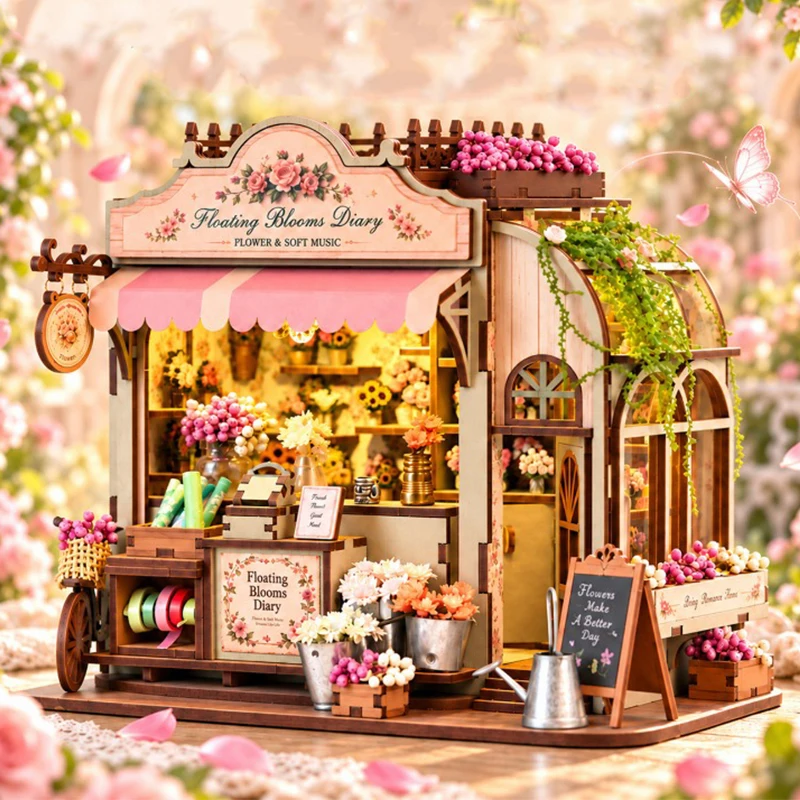 DIY Wooden Flower Shop Cottage Figurines Miniatures Kits Blooms Diary Casa for Friends Birthday Xmas Gifts Home Decor Crafts