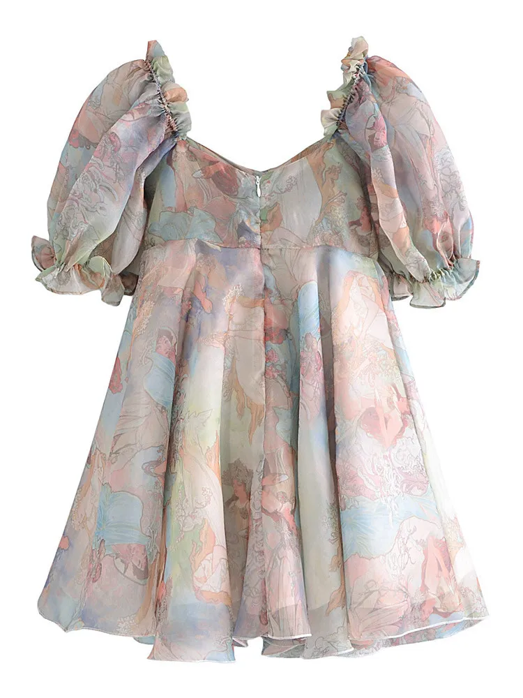 Sweet Princess Tie dye Girl Print Organza Ball Gown Dress Wood ears Puff Sleeve Retro Women Swing Short Dresses Fairy Cake Robe