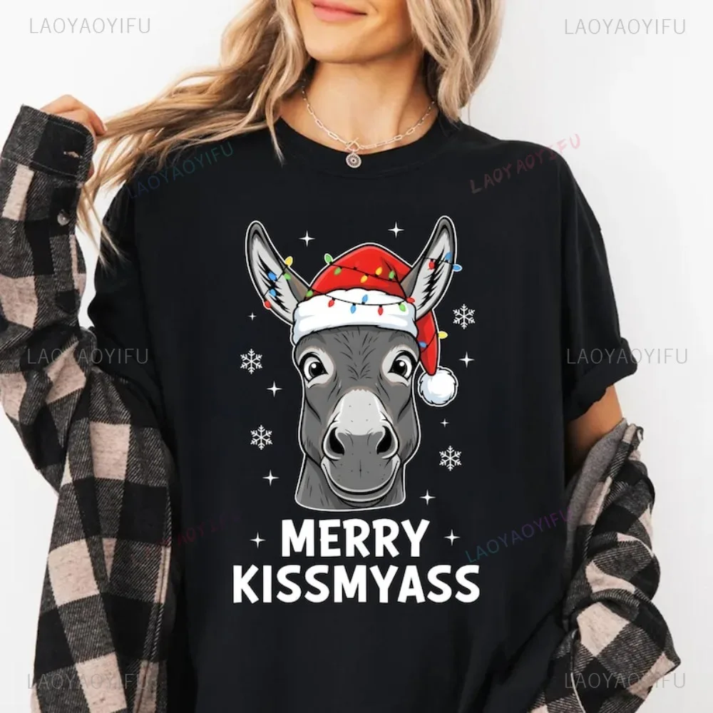 Merry Kissmyass Christmas Hat Santa Graphic T-shirt Funny Adule Joke Women Streetwear Cotton Short Sleeve O-neck Man Clothing