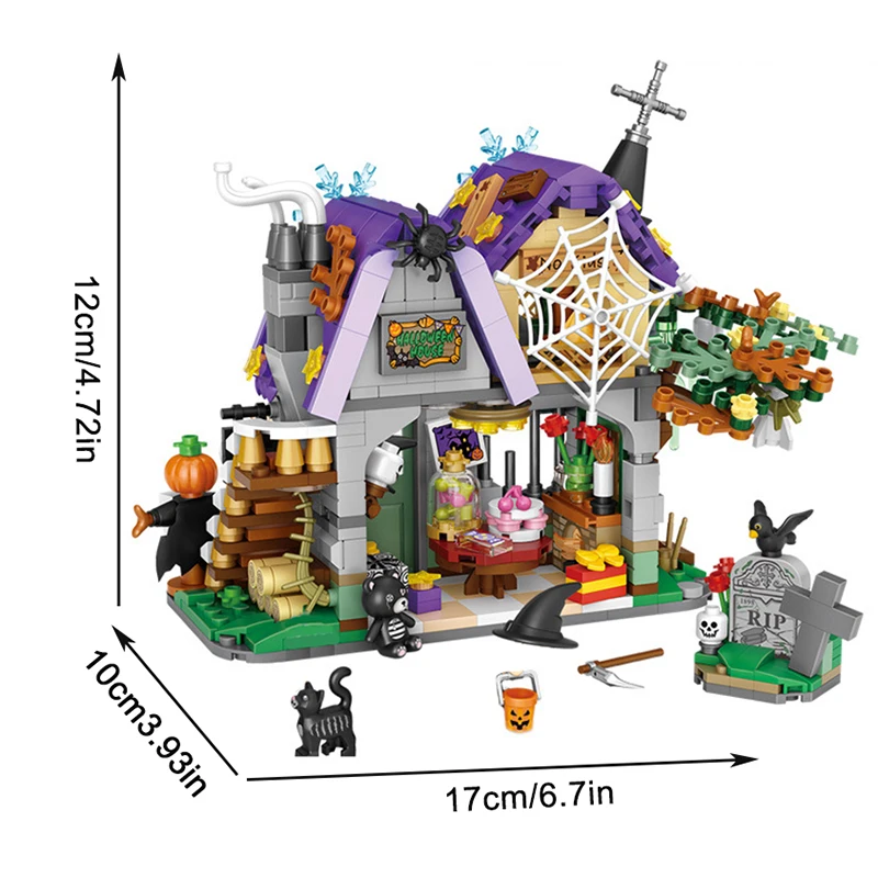 Mini Building Blocks Halloween Haunted House Pumpkin Scarecrow Monster Grave Garden Model Assemble Toys Gift Home Decoration