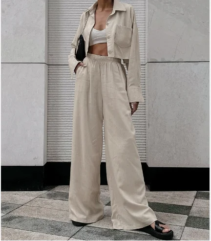 

Newly Launched Khaki Long - Sleeved Shirt and Pants in a Casual Cotton - Linen Package