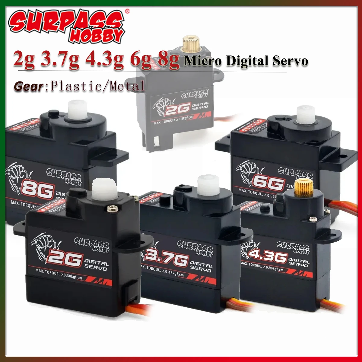 Surpass Hobby 2g 3.7g 4.3g 6g 8g Micro Digital Servo Plastic/Metal Gear for RC Fixed-wing Helicopter Plane Drone Model Toy Parts