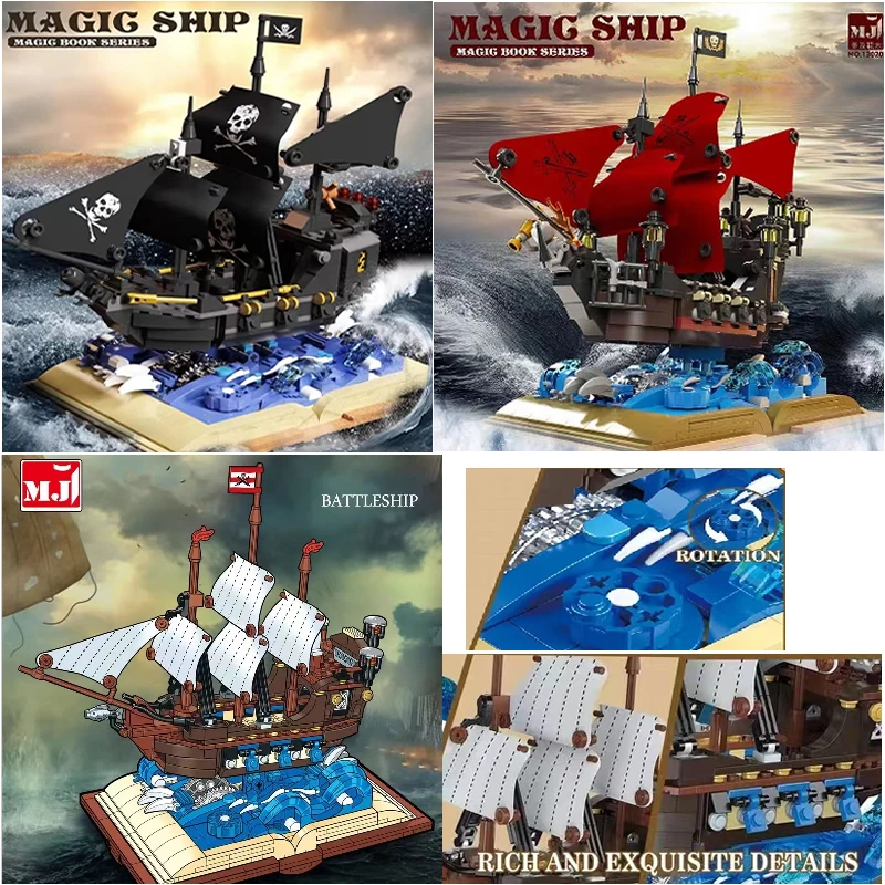 Building Block Magic Castle Book Pirate Imperial Caribbean Ship Flagship Black Pearl Queen Anne Battleship Bricks Toys Boys