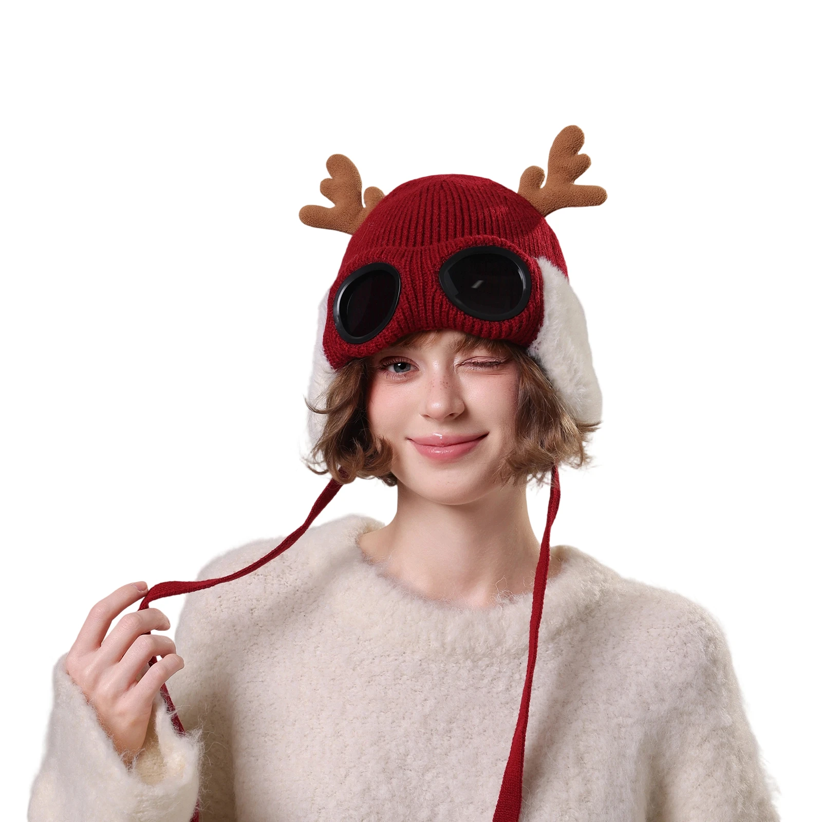 

Winter Christmas Reindeer Antler Plush Earm Drawstring Knitted Hat,Unisex Thickened Knitted Hat with Goggles for Skiing,Cycling