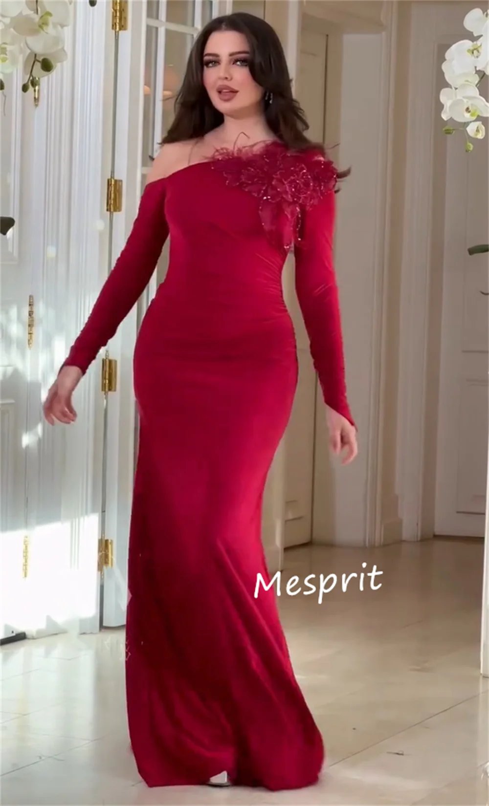 Customized Sparkle Chiffon Pleat Sequined Flower Straight Off-the-shoulder Long Dresses Bespoke Occasion Elegant