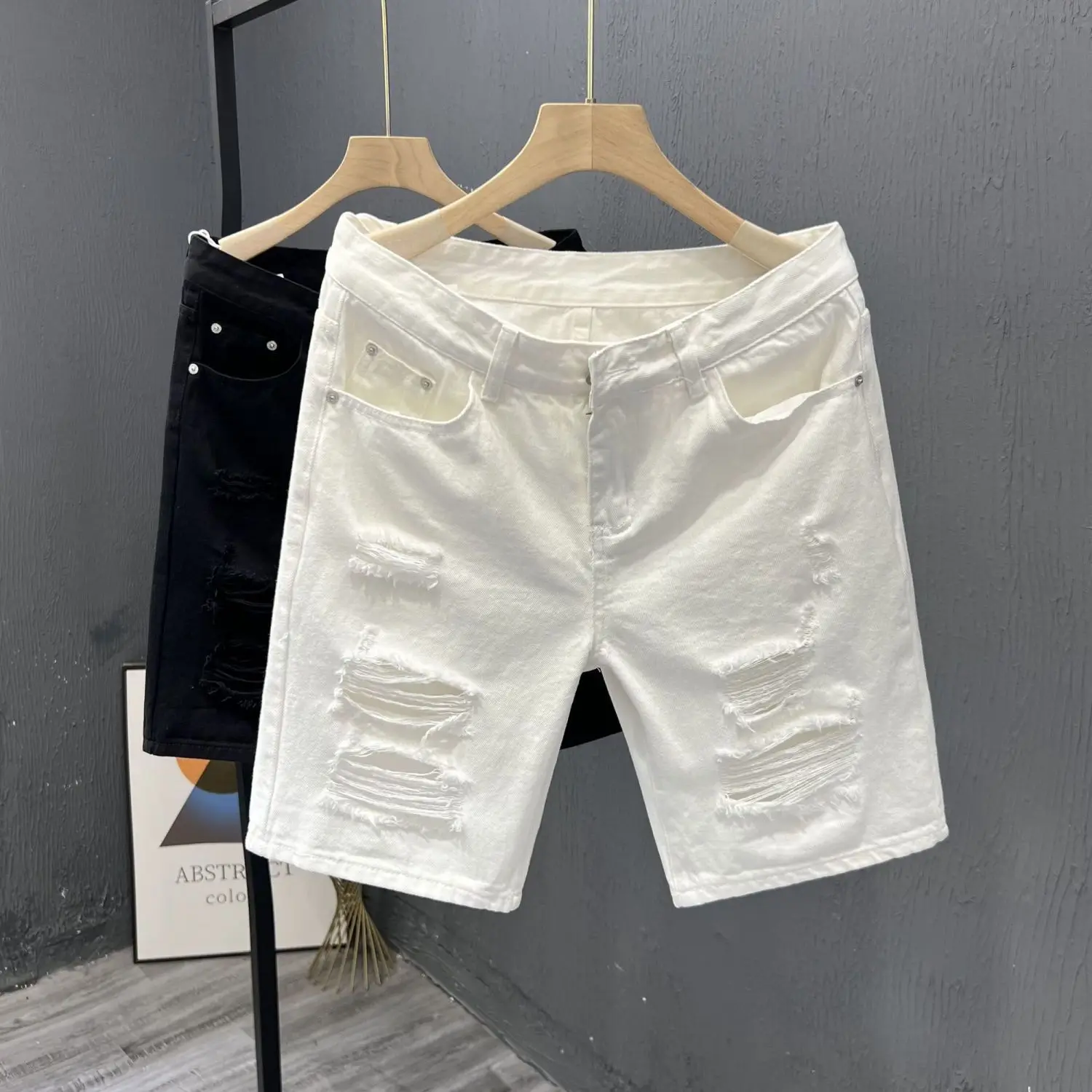 

Summer Thin 2026 White Ripped Denim Shorts Men's Half Pants Korean Trendy Slim-fitting Men's Medium Pants Large Work Pants Man