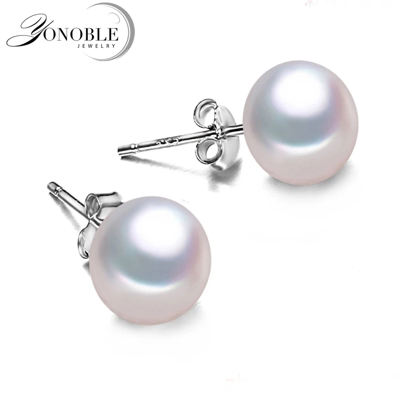 Genuine Freshwater Pearl Stud Earrings For Women,Classic White Natural 925 Silver Jewelry Girl Birthday Gift