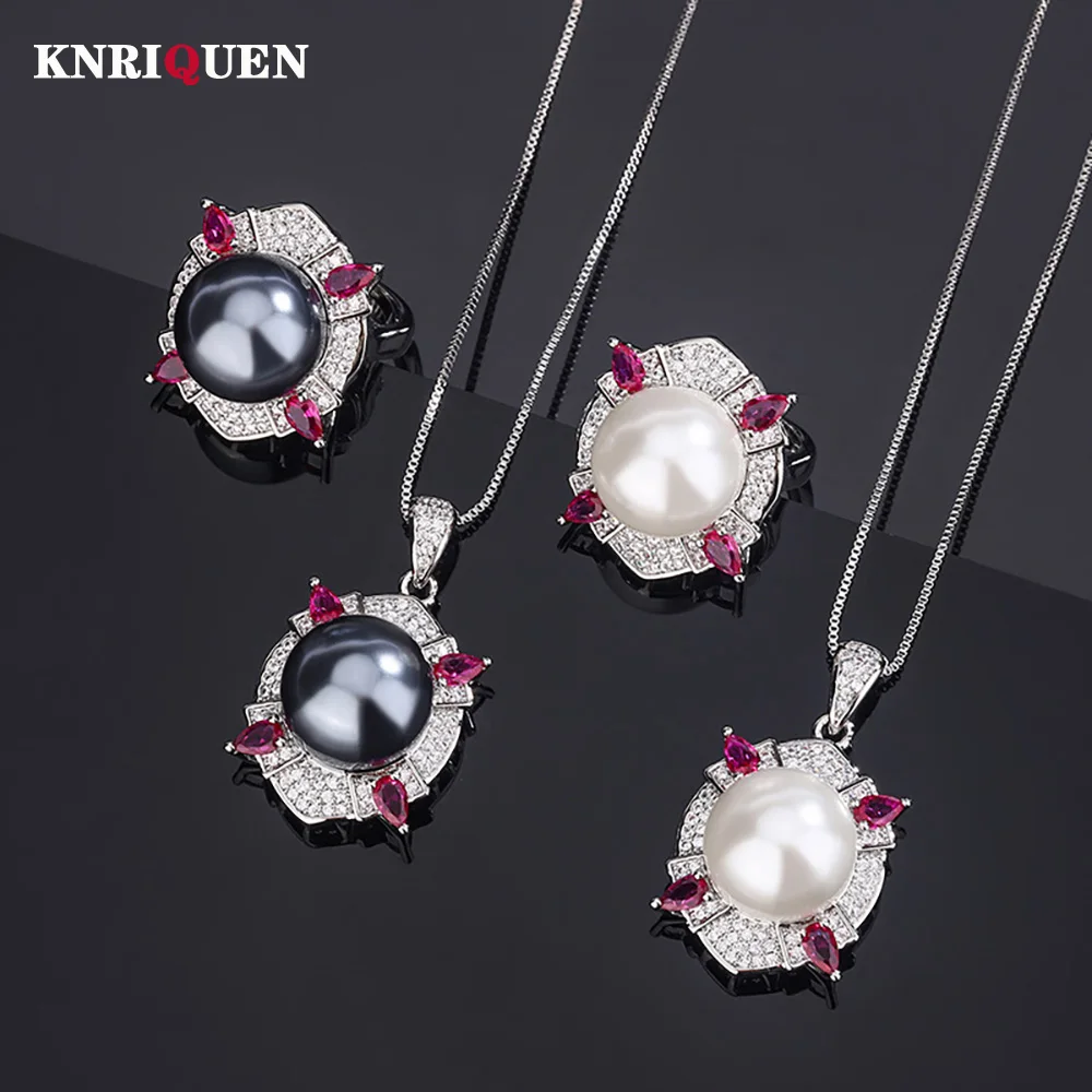 

New Trend Charms 14mm White Black Pearl Ruby Lab Diamond Pendant Necklace Rings for Women Anniversary Wedding Party Jewelry Sets