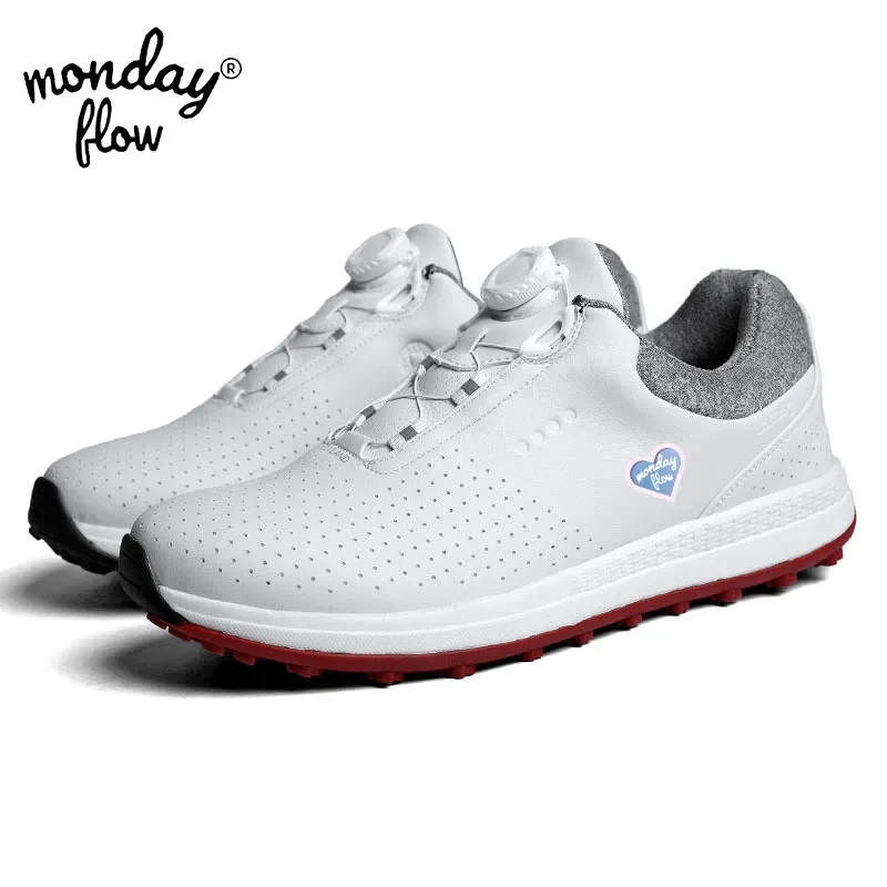 Monday Flow Men Golf Shoes Waterproof Leather Golfer Shoes Knob Quick Lacing Golf Sneakers Comfortable Walking Golfing Footwear