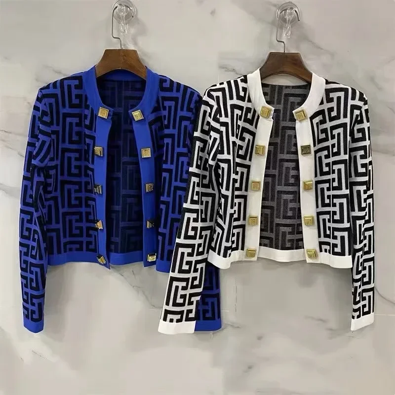 New Autumn Knitted Cardigan for Women Vintage Jacquard O Neck Long Sleeve Gold Buttons Sweater Streetwear Coat Knitwear Tops