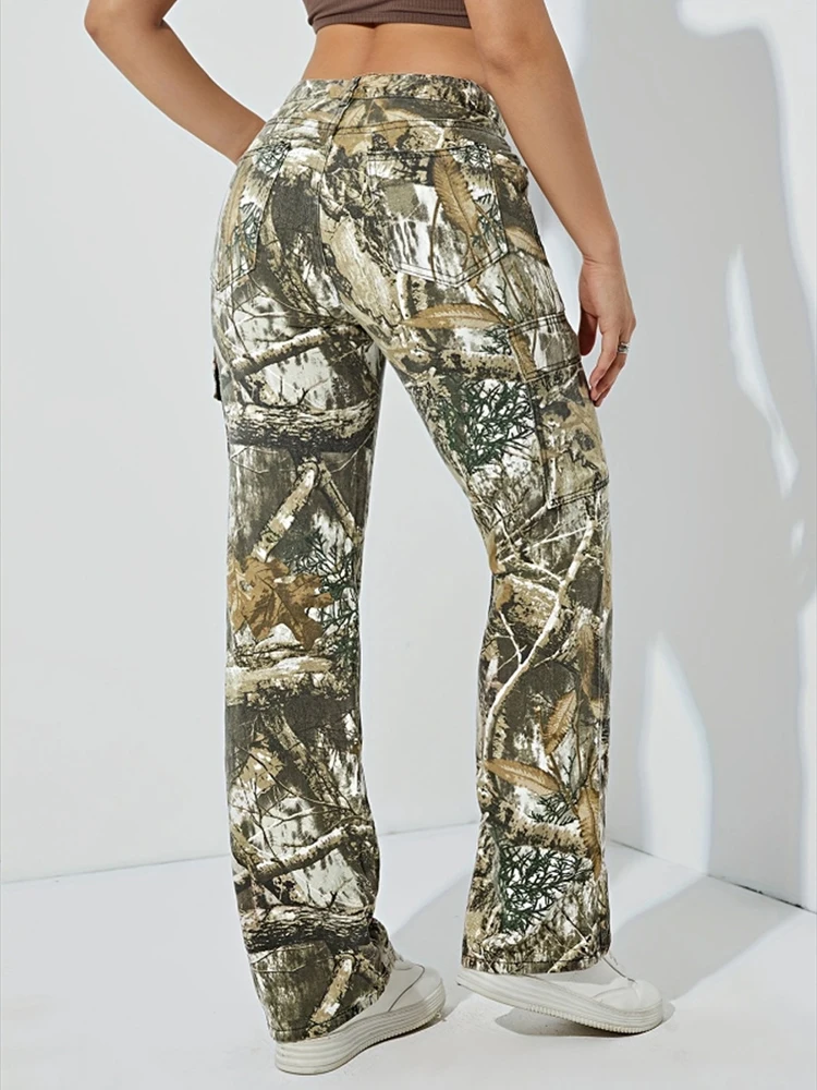 韓国スタイルのトレンドデニムパンツ女性カジュアルストリートハイウエストストレートジーンズフォレストスタイルプリントルーズカーゴパンツ