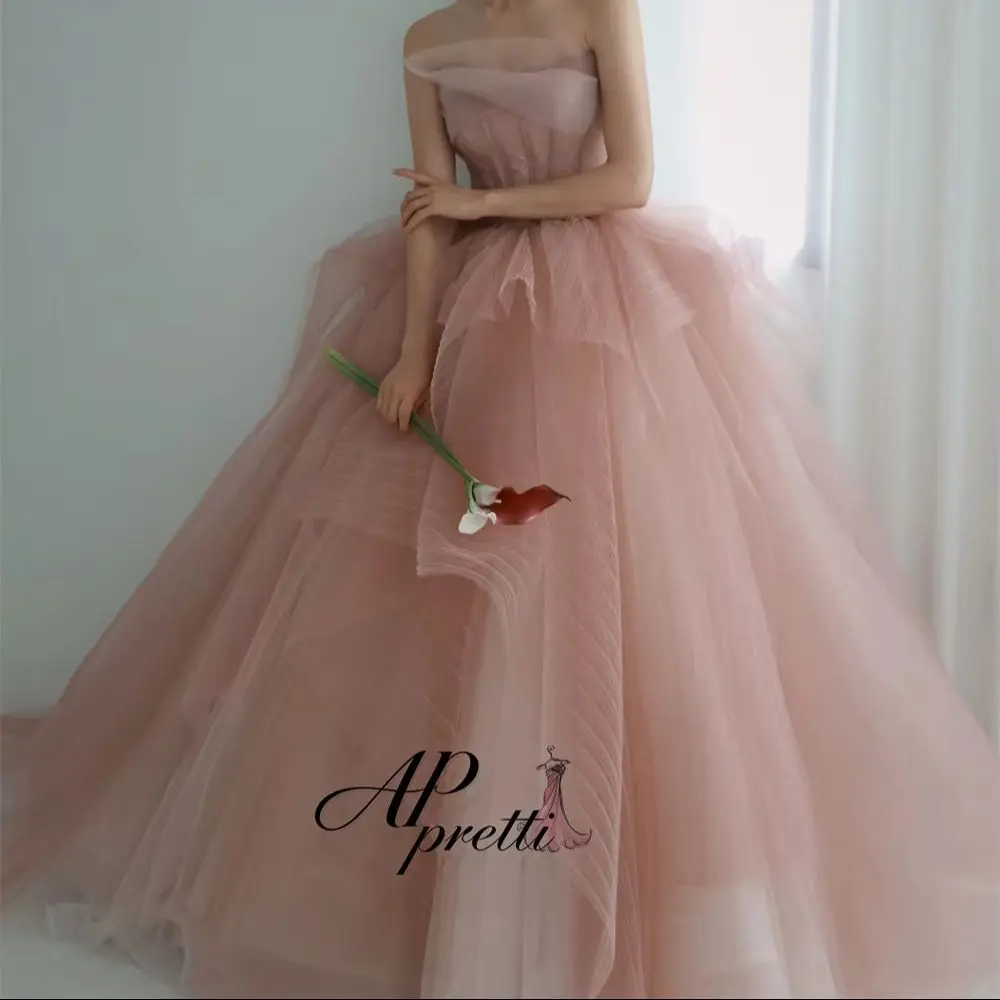 AP pretti Dusty Pink Strapless Sparkling Tulle Ruffled Layered A Line Evening Dress Customized Sweep Train Prom Party Gown 2026