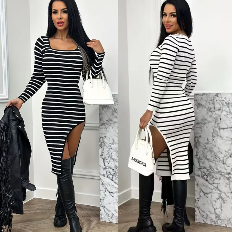 Autumn/winter Women Striped Print Side Slit Elegant Dress Women's Hip Wrap Warm Elegant Square Neck Knee-length Skirt Spice Set