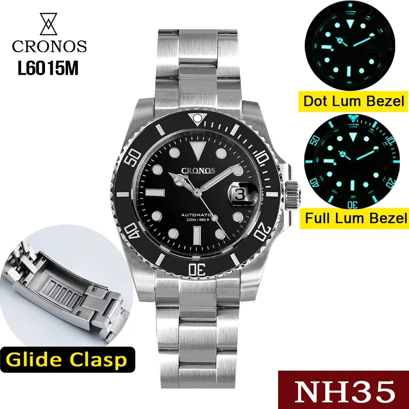 

Cronos Sub Diver Men Watch NH35 Automatic Brushed Bracelet Ceramic Bezel 20ATM Glideclasp Sapphire Cyclops L6015M Luxury Watch