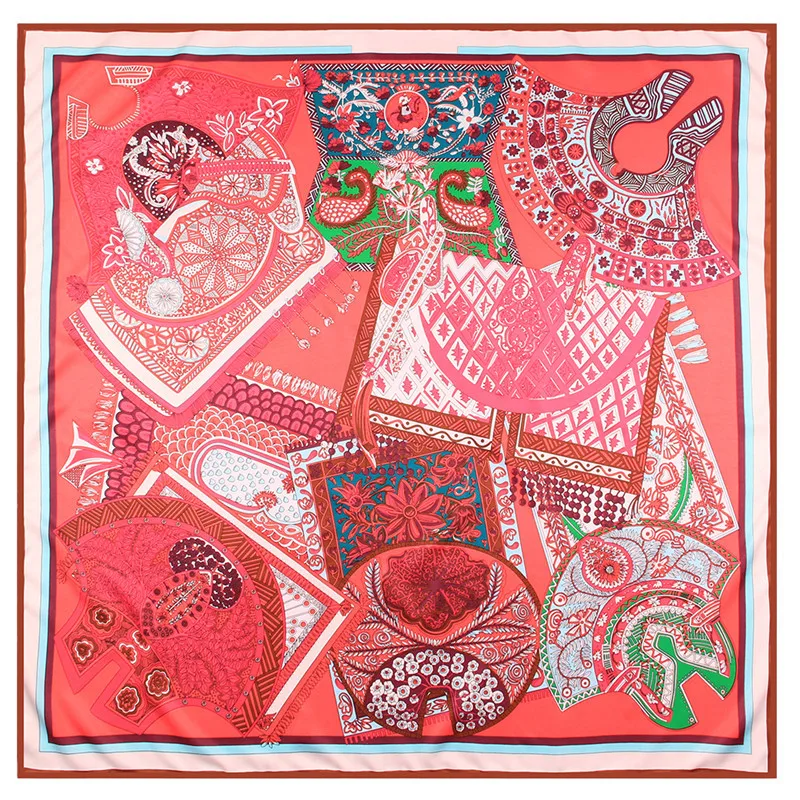 

Manual Hand Rolled Twill Silk Scarf Women Floral Bag Print Square Scarves Wraps Echarpe Curled Foulards Bandana Hijabs Shawl