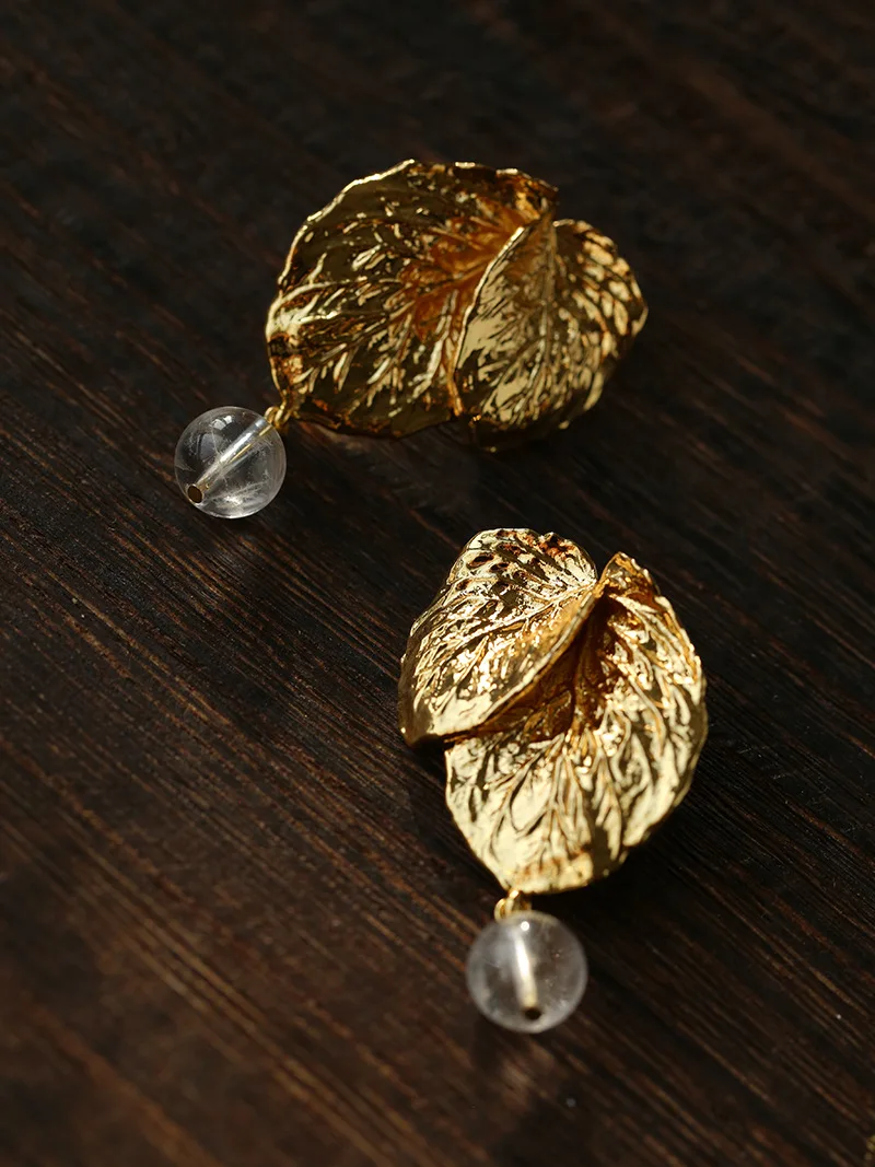 Vintage Jewelry Brass Gold Plated Leaf Earrings Necklace Women Europe American Designer Accessories