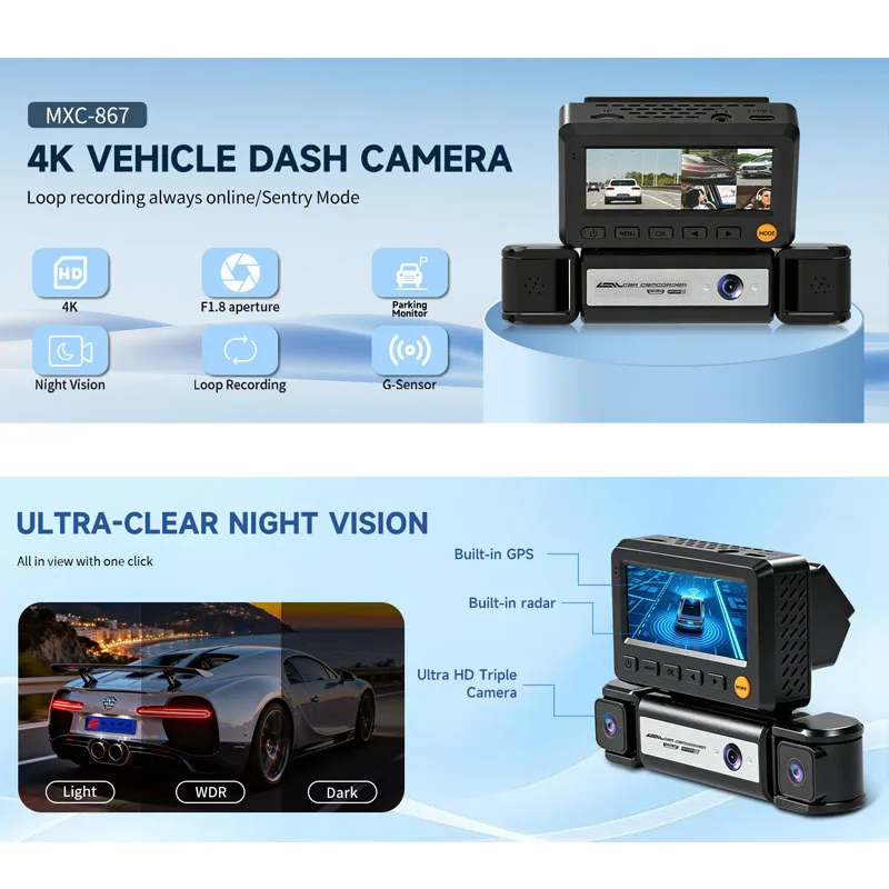 4K 5 Lens Car Dashcam Radar Sentinel Mode Parking Monitoring G-Sensor Time Lapse 360° Panoramic 5 Channel Car Video Recorder