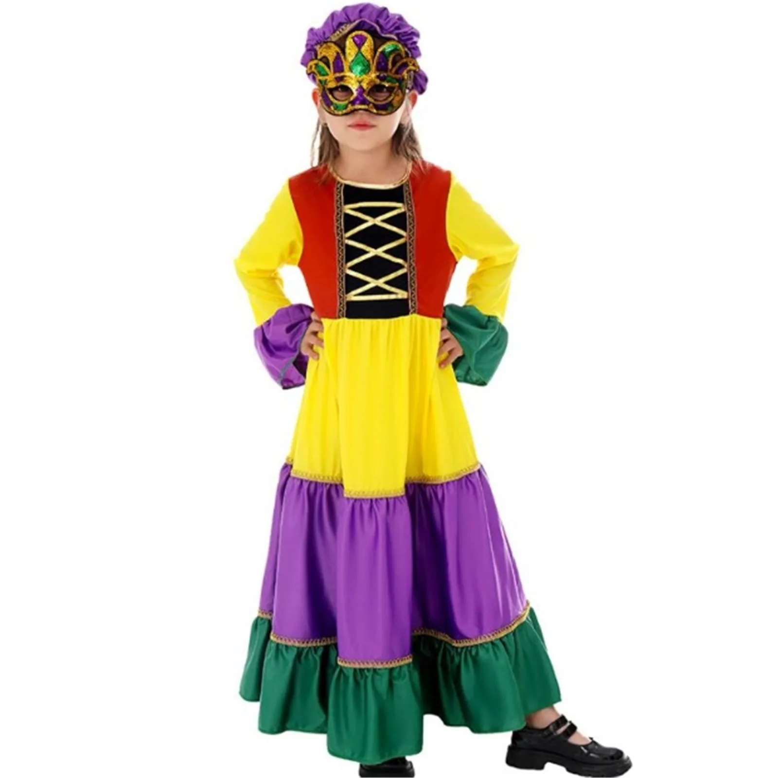 

Kids Girls Traditional Clothing Ethnic Dancewear Dress Mardi Gras Costume Dress Long Sleeve Carnival Outfit For Masquerade Party