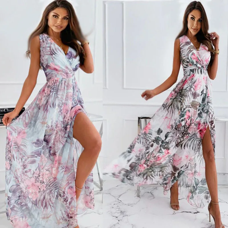 Summer Fashion Women Sexy V-neck Knit Mid- Calf Dress Long Print Dresses Silm Fit Floral Shirt Coquette Casual Y2k Clothes