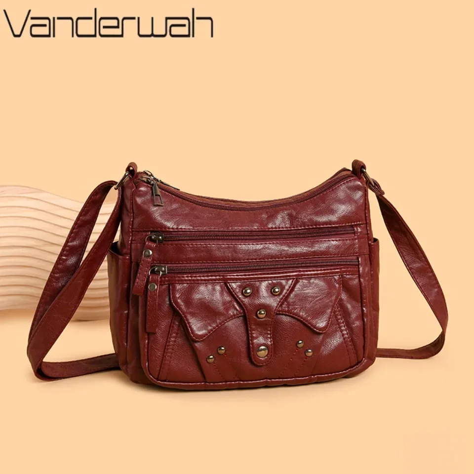 

Vintage Multi-layer Mom Bags Wash Leather Women's Purse New Casual Versatile Middle-aged One-shoulder Cross-body Bag Lightweight