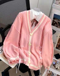 Sweet Bow Knitted Cardigans Y2k Aesthetic All Match Contrast Color Coats Fashion Single Breasted Kawaii JK Sweaters Jumper