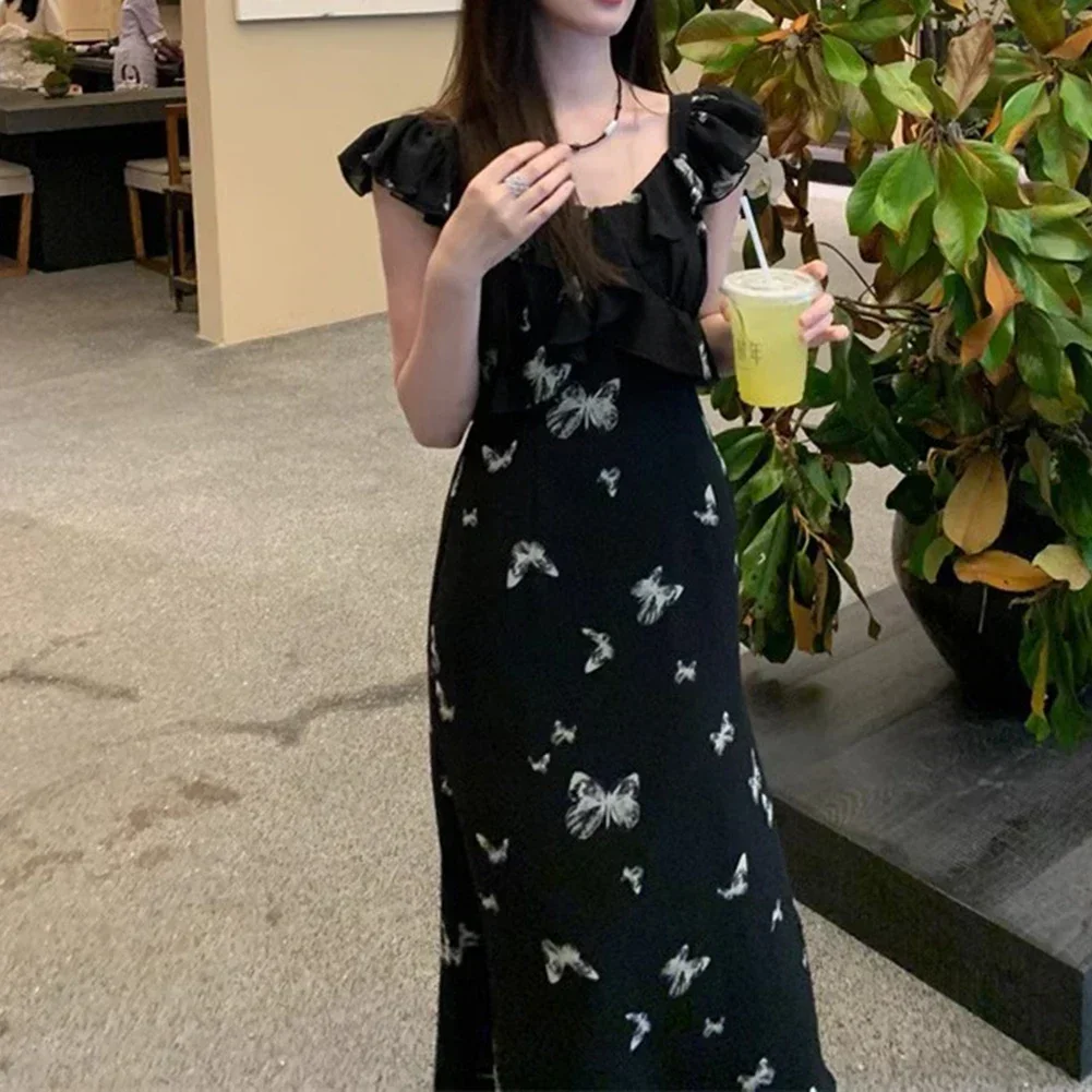 

Модное женское платье-бабочка с квадратным вырезом и рюшами на талии, подходящее для различных случаев