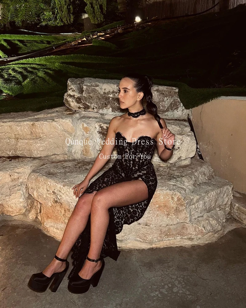 Qunque Black Dress Prom Sweethert Lace Customized Sexy Pleat High Slit Evening Dresses Mermaid Corset Back Vestidos De Festa