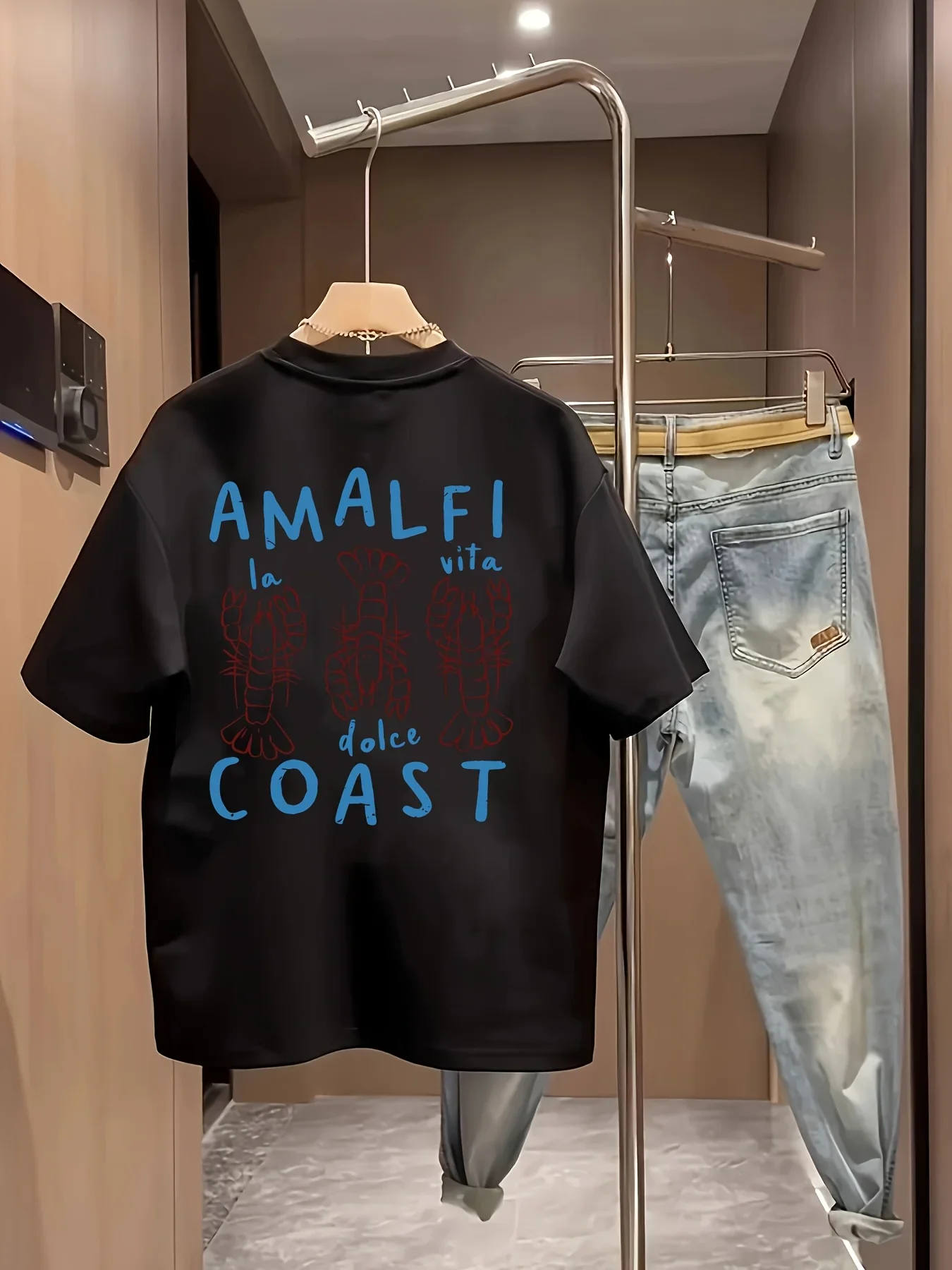 Amalfi Coast Men's T-shirt Lobster Graphic Casual Cotton Short Sleeve Tops Summer Streetwear view 4