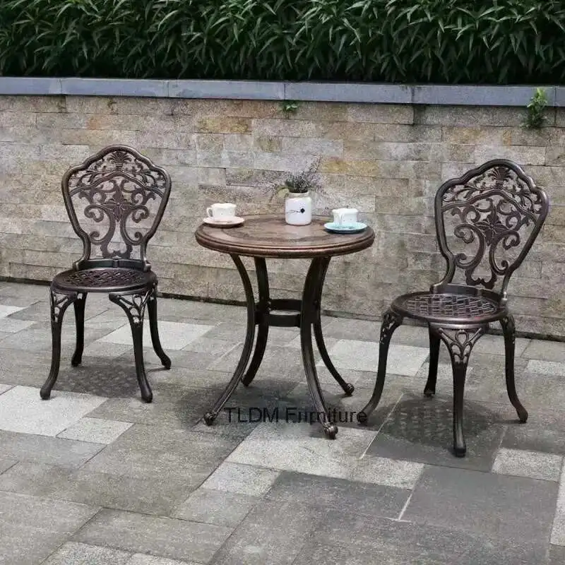 

Outdoor Cast Aluminum Tables and Chairs Set Courtyard Garden Urniture Terrace Combination Leisure Metal Round Patio Table p c