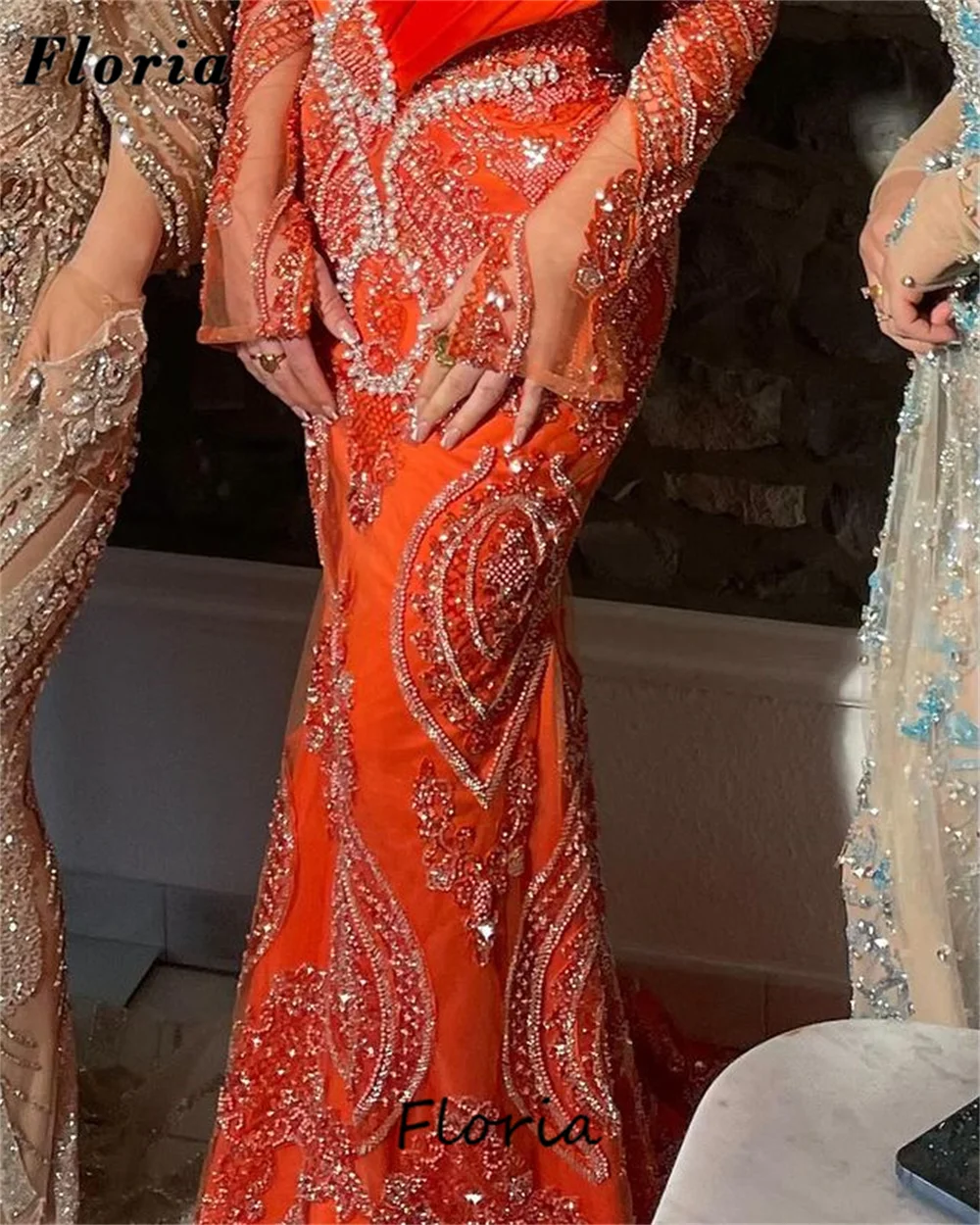 Customized Orange Mermaid Evening Dresses Elegant Long Sleeves Celebrity Dress Robes De Soiree Beaded Pearls Wedding Party Gowns