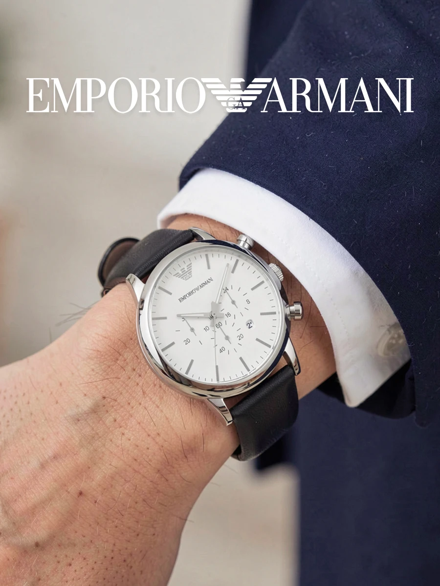 Emporio Armani AR1807 Men's Quartz Watch Silver Case Black Leather Strap White Multi-Function Dial Date Casual Birthday Gift