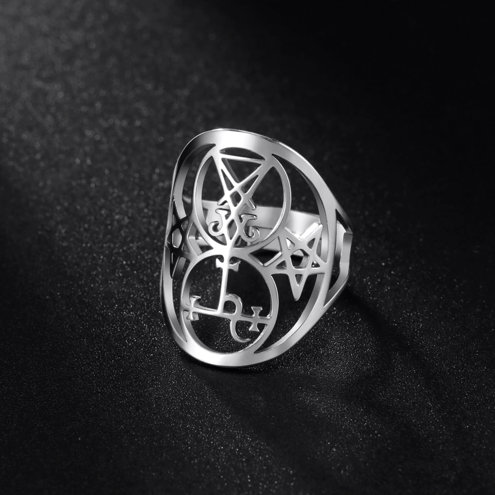 Dreamtimes Lilith Pentacle Sigil of Lucifer Church Ring Stainless Steel Satan Demon Hollow Pentagram Amulet Goth Jewelry