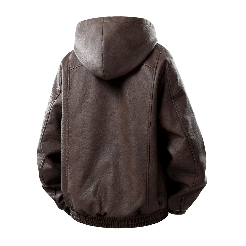 سترة جلدية كاجوال عصرية للرجال شتوية سميكة ودافئة مع قلنسوة للخروج سميكة مقاومة للرياح معطف بقلنسوة سترة لسائقي الدراجات النارية #3