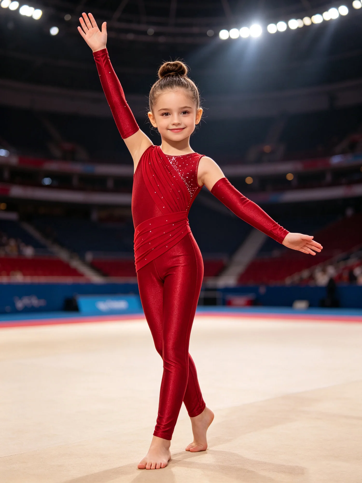 Girls Artistic Gymnastics Leotard Rhinestone Ruched Mesh Ballet Dance Unitards with Sleeves Acrobatic Figure Skating Costume
