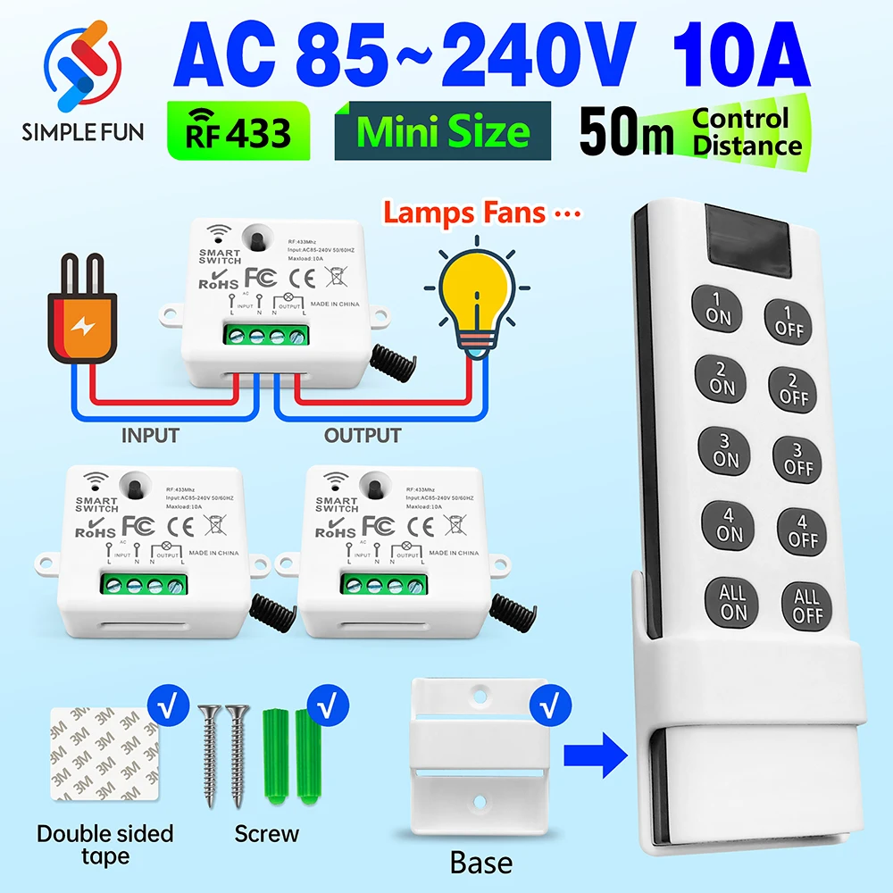 RF 무선 스마트 조명 스위치 미니 릴레이 리시버 모듈 – LED 조명, 팬 제어용, ON/OFF 기능, 4-in-1 리모컨 포함, 433MHz, 110V/220V 호환