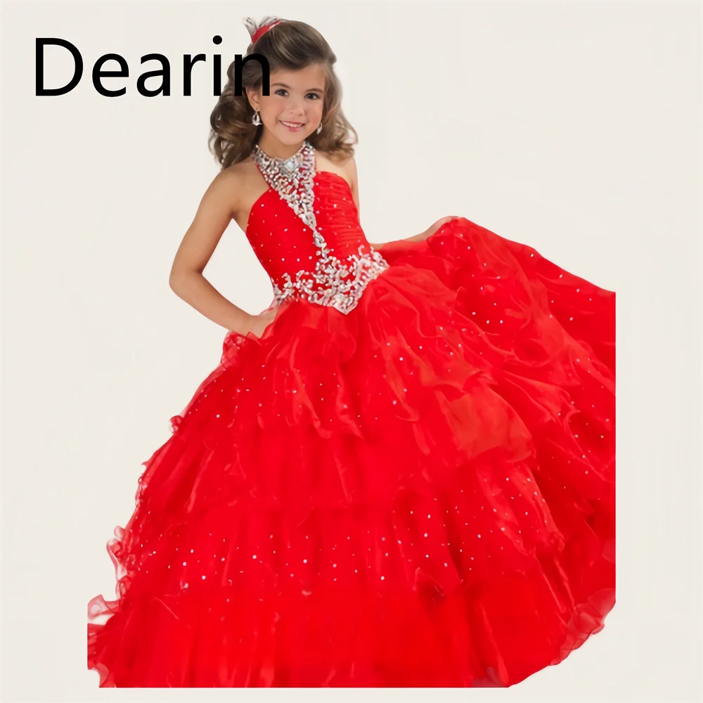 Customized Flower Girl Dress Dearin Halter A-line Floor Length Skirts Fold Tulle Dresses