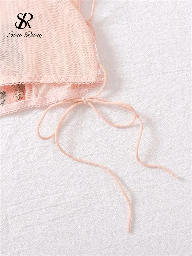 SINGREINY Maglia trasparente Biancheria intima sexy Abiti con lacci Maniche a sbuffo Top corto + Mini Slip Ricamo floreale Sensuale Set a due pezzi