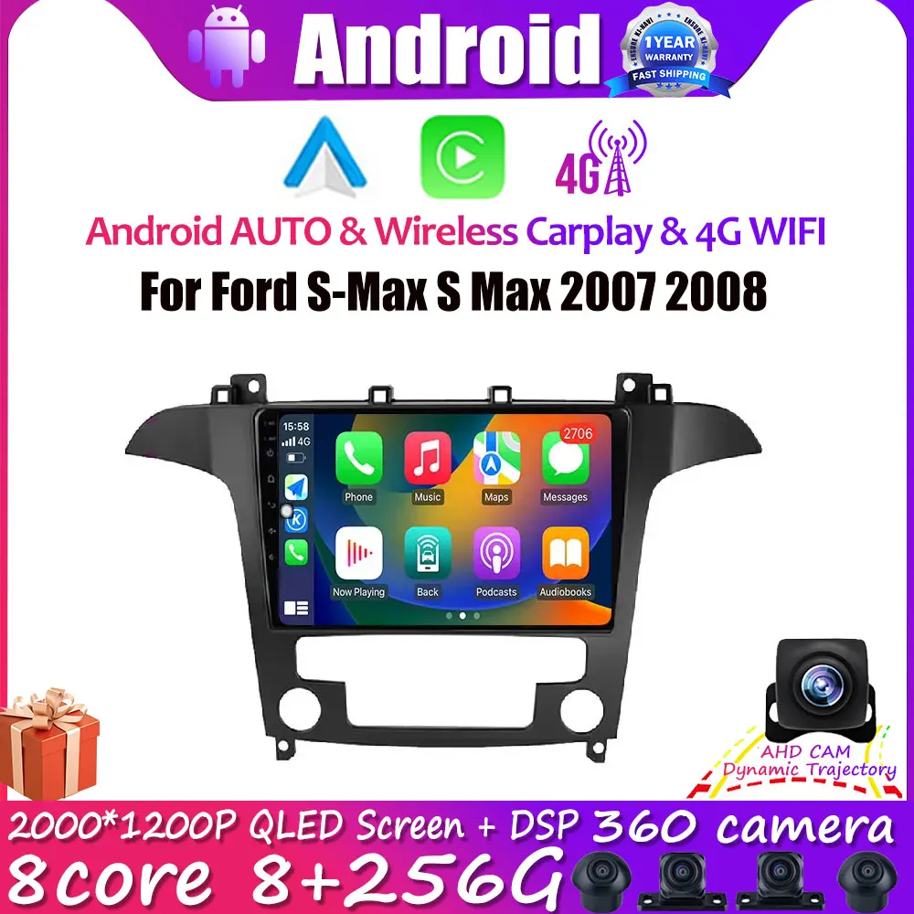 

9-дюймовый Carplay для Ford S-Max S Max 2007 2008 AT Автомобильный радиоприемник Мультимедийный видеоплеер Android 14 Bluetooth WIFI 4G Навигация GPS