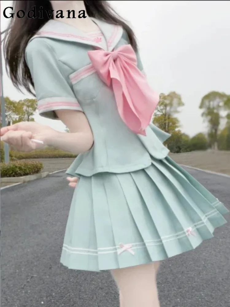 Summer New Japanese College Sleeve Sweet Navy Collar Versatile Shirt Fashion A-line Fashion Cute Girl Bow Cake Skirt Sets