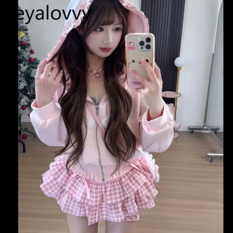 

Pink Set Autumn Winter Hooded Sweatshirt Long Sleeve Slim Fit Short Jacket and High Waist Slimming Plaid Skirt Two-Piece Set